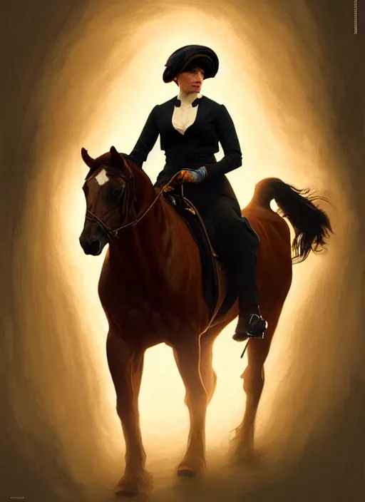 Image similar to symmetry!! portrait of christina hendricks riding a horse in peaky blinders, glowing lights!! intricate, elegant, highly detailed, digital painting, artstation, concept art, smooth, sharp focus, illustration, art by artgerm and greg rutkowski and alphonse mucha