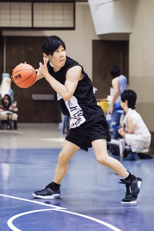 Prompt: Photo of a young pregnant Japanese man playing basketball