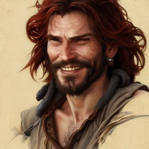 Prompt: portrait of a young ruggedly handsome but cantankerous pirate, male, masculine, upper body, red hair, long hair, d & d, fantasy, giddy smirk, intricate, elegant, highly detailed, digital painting, artstation, concept art, matte, sharp focus, illustration, art by artgerm and greg rutkowski and alphonse mucha