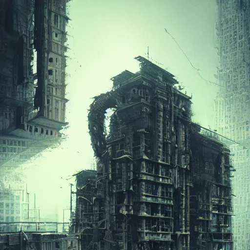 Image similar to very very detailed building made from complex robot parts, beautiful dynamic lighting, cinematic, wide angle establishing shot, extremely high detail, photo realistic, cinematic lighting, post processed, concept art, artstation, matte painting, style by lebbeus woods, john berkey, volumetric lighting, light rays, photorealistic, ultrarealistic, moody, coronarender, 8k