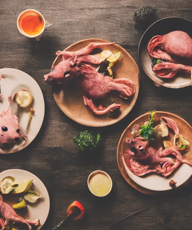 Image similar to high quality presentation photo of vicious anthropomorphic rats eating meat, photography 4k f1.8 anamorphic bokeh 4k Canon Nikon