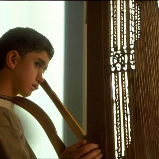 Image similar to handsome 17 year old middle-eastern skinned boy in a Biblical outfit playing an ancient harp, lyre. Tranquil, cinematic lighting, directed by Steven Spielberg