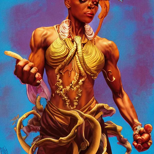 Image similar to ruby rhod as dhalsim street fighter, 4 k, ultra realistic, detailed focused art by artgerm and greg rutkowski and alphonse mucha