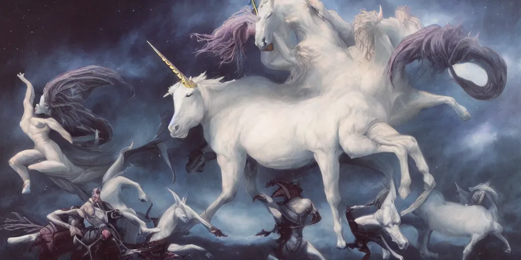 Image similar to the sacrifice of the white unicorn, fighting, struggling by gerald brom