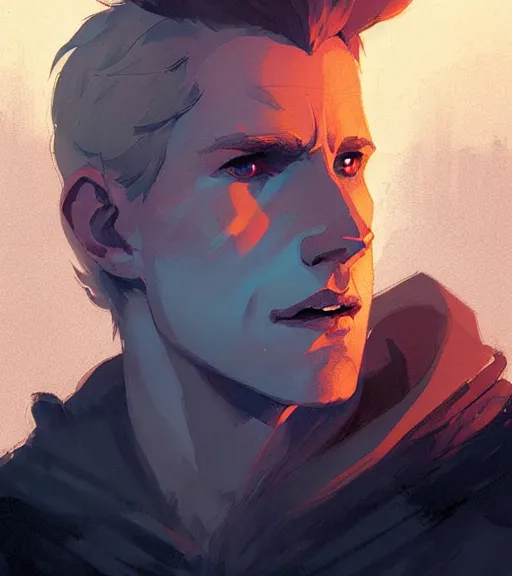 Prompt: portrait of cullen from dragon age near campfire by atey ghailan, by greg rutkowski, by greg tocchini, by james gilleard, by joe fenton, by kaethe butcher, dynamic lighting, gradient light blue, brown, blonde cream and white color scheme, grunge aesthetic