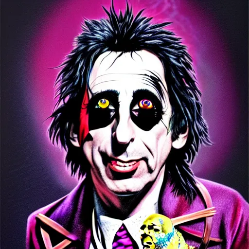 Prompt: graphic illustration, creative design, alice cooper as willy wonka, biopunk, francis bacon, highly detailed, hunter s thompson, concept art