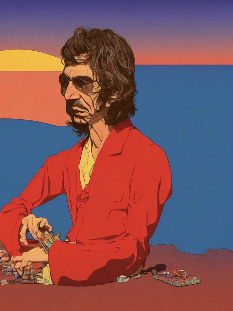 Image similar to a closeup portrait of george harrison, taking mind altering drugs, a blotter paper of lsd acid and dreaming psychedelic hallucinations in a vast desert landscape, by kawase hasui, moebius, edward hopper, colorful flat surreal design, dramatic lighting, hd, 8 k, artstation