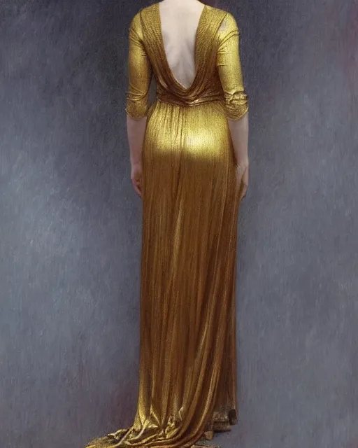 Prompt: realistic art nouveau oil painting of redheaded young saoirse ronan or redheaded millie bobby brown wearing a reflective gold dress, highly detailed, intricate, elegant, digital painting, smooth, sharp focus, illustration, ultra realistic, 8 k, by bouguereau, alphonse mucha, artgerm, and donato giancola