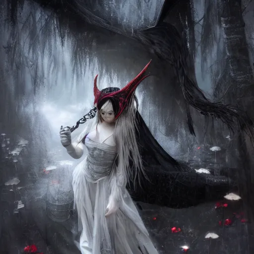 Image similar to hyperrealistic portrait of high detail yorha no. 2 type a as a vampire witch in ornate black robe red swan feathers as the mistress in fear being chased by a terrific man with goat head in a garden maze horror. by jeremy mann, fantasy art, photo realistic, dynamic lighting, artstation, poster, volumetric lighting, 4 k, award winning