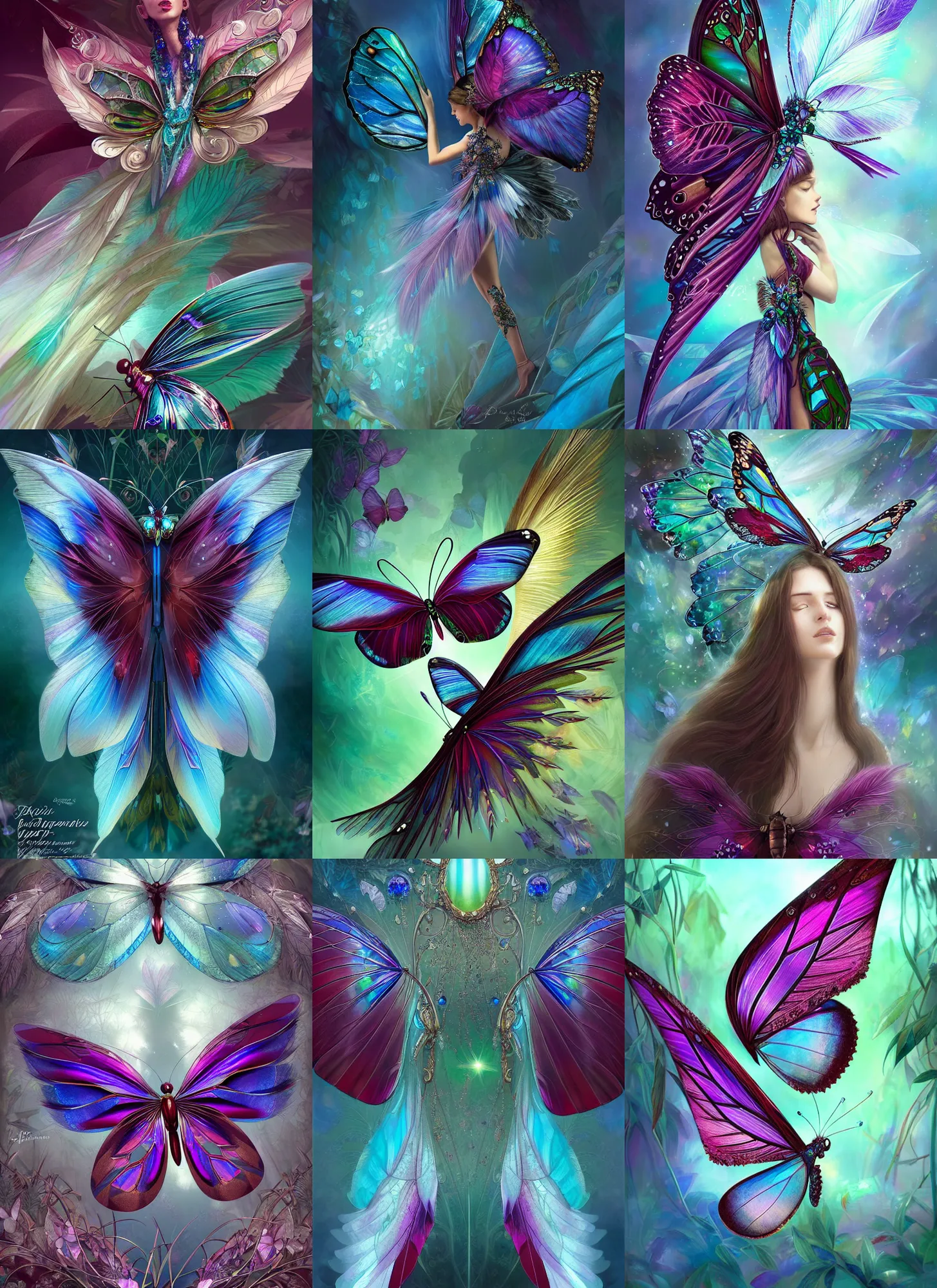 Prompt: iridescent diaphanous refractive and reflective crystal crystalline pearly flora, overgrown, burgundy emerald and blue topaz colors, butterfly wings and feathers, fantasy, intricate, elegant, highly detailed, digital painting, artstation, concept art, matte, sharp focus, illustration, hearthstone, art by artgerm and greg rutkowski and alphonse mucha