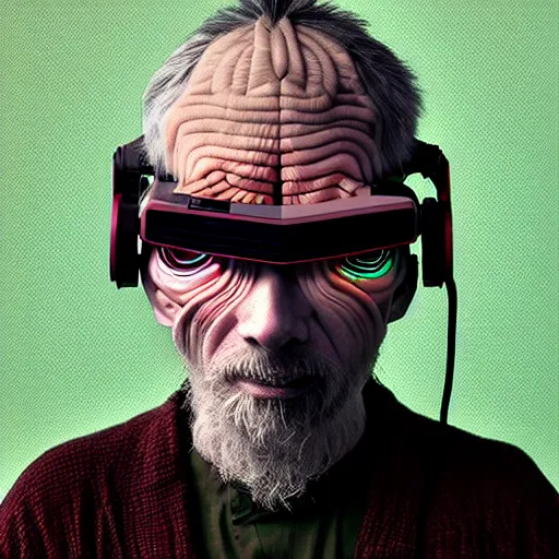 Image similar to Colour Photography of 1000 years old man with highly detailed 1000 years old face wearing higly detailed cyberpunk VR Headset designed by Josan Gonzalez Many details. . In style of Josan Gonzalez and Mike Winkelmann andgreg rutkowski and alphonse muchaand Caspar David Friedrich and Stephen Hickman and James Gurney and Hiromasa Ogura and Minecraft. Rendered in Blender