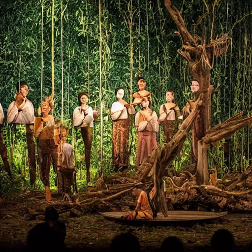 Image similar to high quality, high detail, an opera performance about deforestation in kalimantan forest, photorealistic lighting