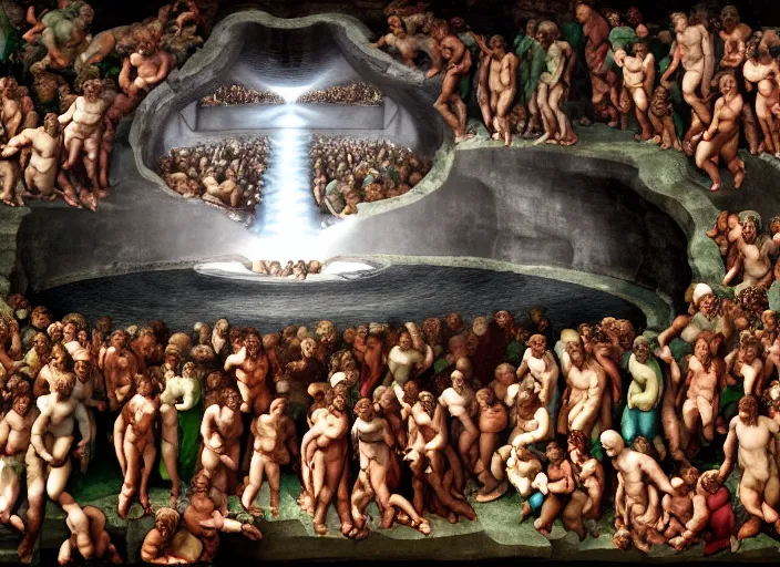 Image similar to crowd of people, water portal to hell located in heaven, photorealistic, rule of thirds, 4 k, alvah angelrune, michelangelo, colorfull