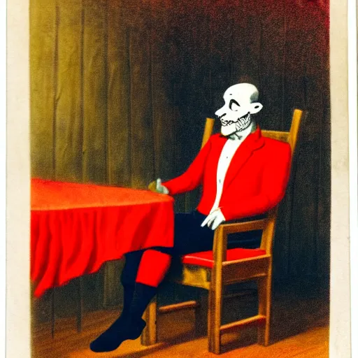 Image similar to a plotting man in a red jester suit sitting in a wooden chair near a table covered with cloth. the room is dimly lit.