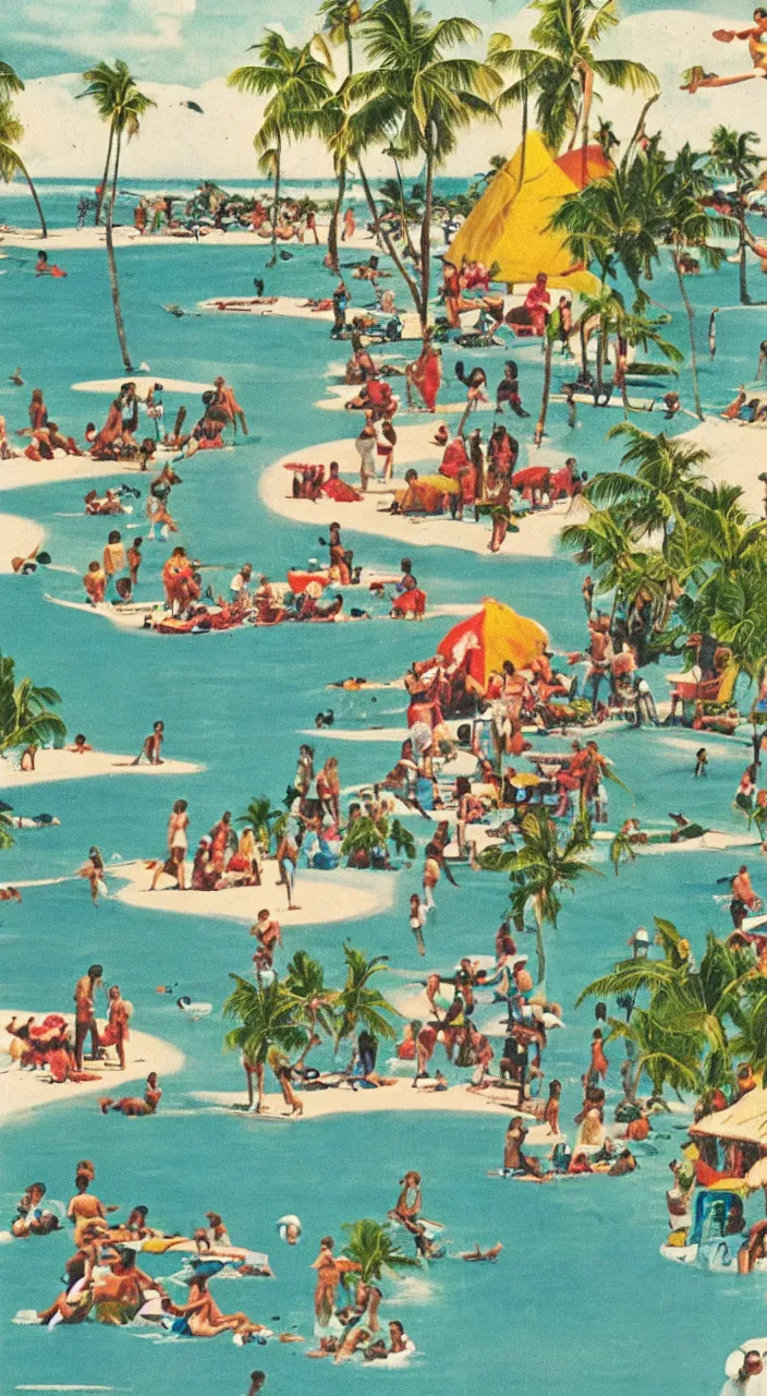 Image similar to a 1950s vacation pamphlet about a Caribbean beach,