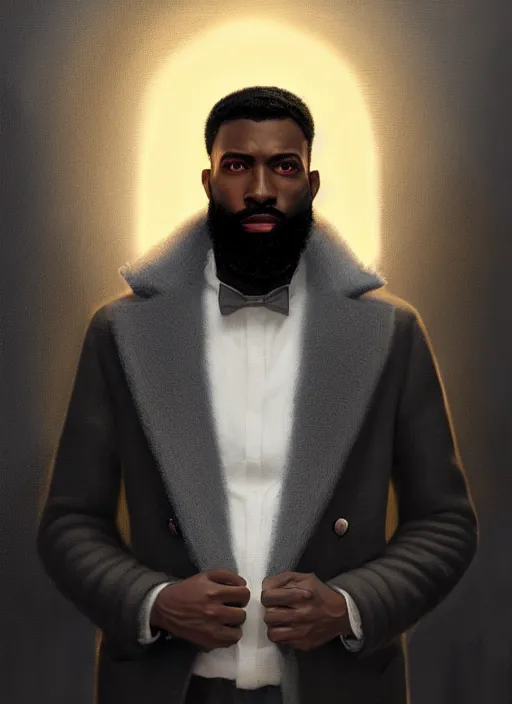 Image similar to portrait of handsome black man wearing grey peacoat, luxury townhome interior, beard, wealth and luxury, elegant atmosphere, glowing lights, highly detailed, digital painting, artstation, concept art, smooth, sharp focus, illustration, art by wlop, mars ravelo and greg rutkowski