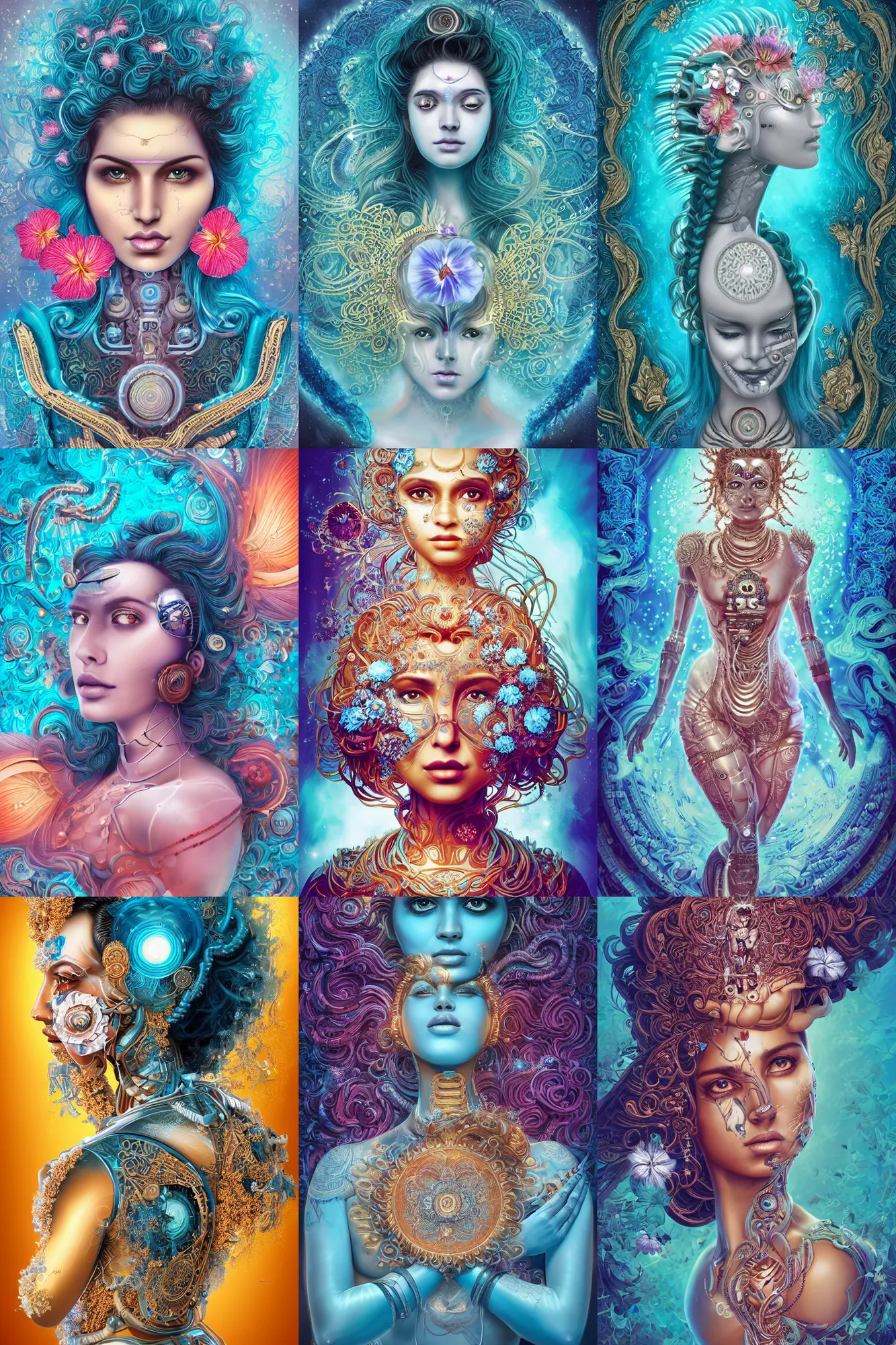 Prompt: a beautiful intricate fine art portrait photo of an indian cyborg with bionic implants, epic wavy hair spread out around her lined with white hibiscus, lying on a mandala, by natalie shau and cyril rolando, masterpiece!, turquoise blue face, futuristic robot body, top view, studio lighting, golden ratio composition, 3 5 mm lens, deep depth of field, artstation, 8 k