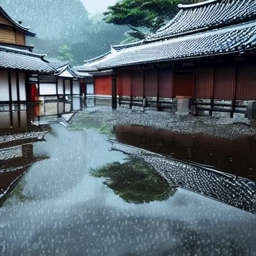 Image similar to still photo of rain puddles and reflections in a japanese village, cloudy weather, highly detailed, photorealistic shot, bright studio setting, studio lighting, crisp quality and light reflections, unreal engine 5 quality render