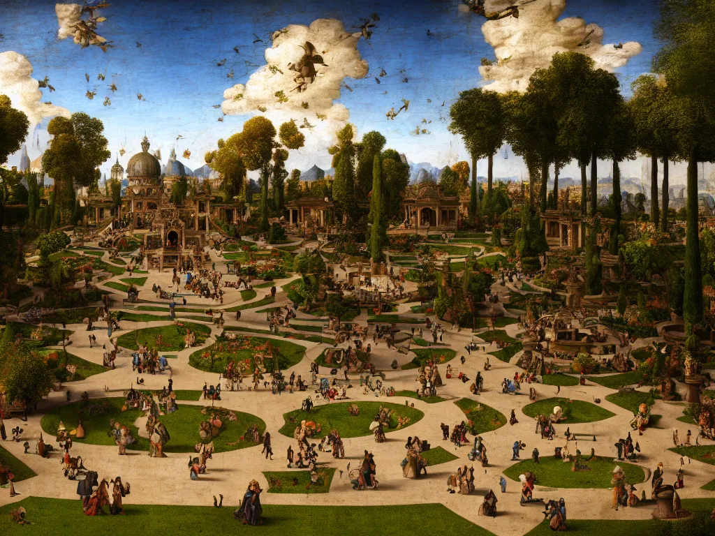 Image similar to a busy elaborate ornate outdoor park designed by leonardo da vinci, cinematic, shadows, partly cloudy day, 4 k, detailed, by
