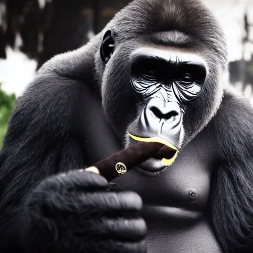 Image similar to a gorilla dressed as a mobster smoking a cigar, cinematic lighting, 4k, realistic