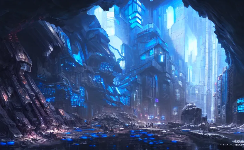 Prompt: cyberpunk factory in a giant dark cave, black rocks, detailed stones, dramatic light, blue crystals, hyper detailed, realistic, intricate, concept art by frank hong, mate painting, artstation