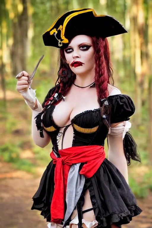 Prompt: close up of a buxom pirate wench wearing a short skirt, Halloween, cosplay, beautiful gazing eyes, extremely beautiful face