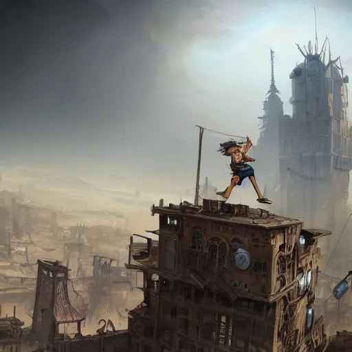 Prompt: Thief running and jumping on the rooftops of a bustling steampunk city in the desert with a towering building made of scraps seen in the distance, airships, bright sunny day, digital painting, highly detailed, dynamic, concept art, game art, artstation