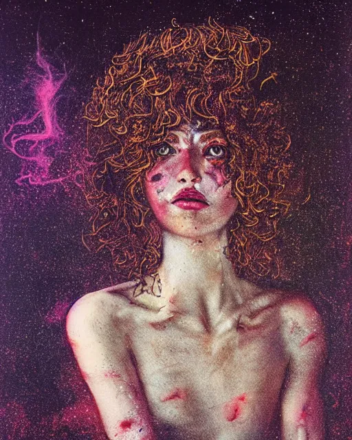 Image similar to a beautiful and eerie baroque painting of a gorgeous young woman in dead space, with wild curly hair and haunted eyes and freckles, 1 9 7 0 s, seventies, space station, neon light showing injuries, delicate ex embellishments, painterly, offset printing technique