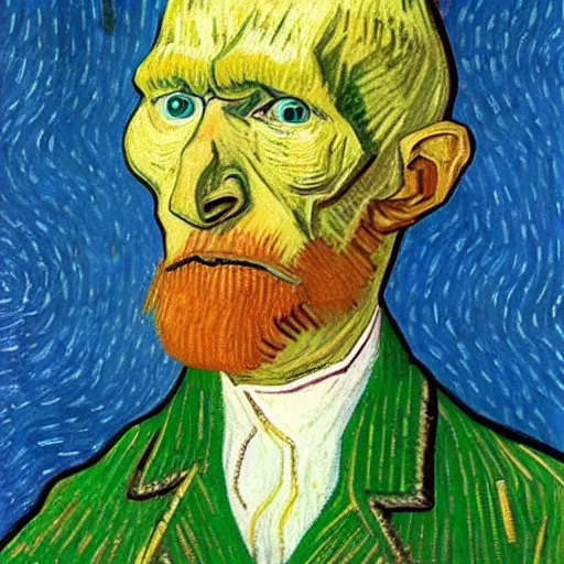 Image similar to handsome squidward portrait, van gogh art style, strong chin, big mouth