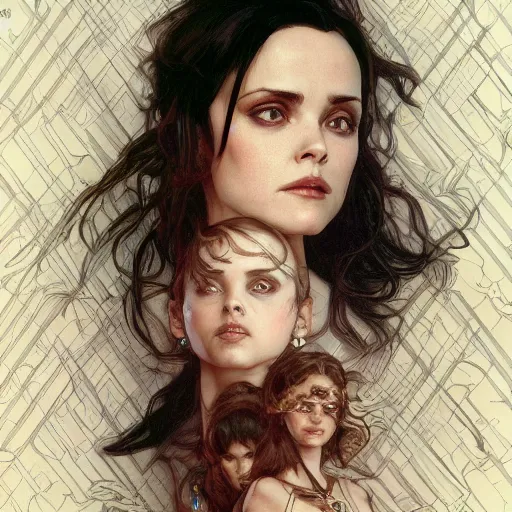 Image similar to amazing lifelike award winning pencil illustration of Winona Ryder and Christina ricci trending on art station artgerm Greg rutkowski alphonse mucha cinematic