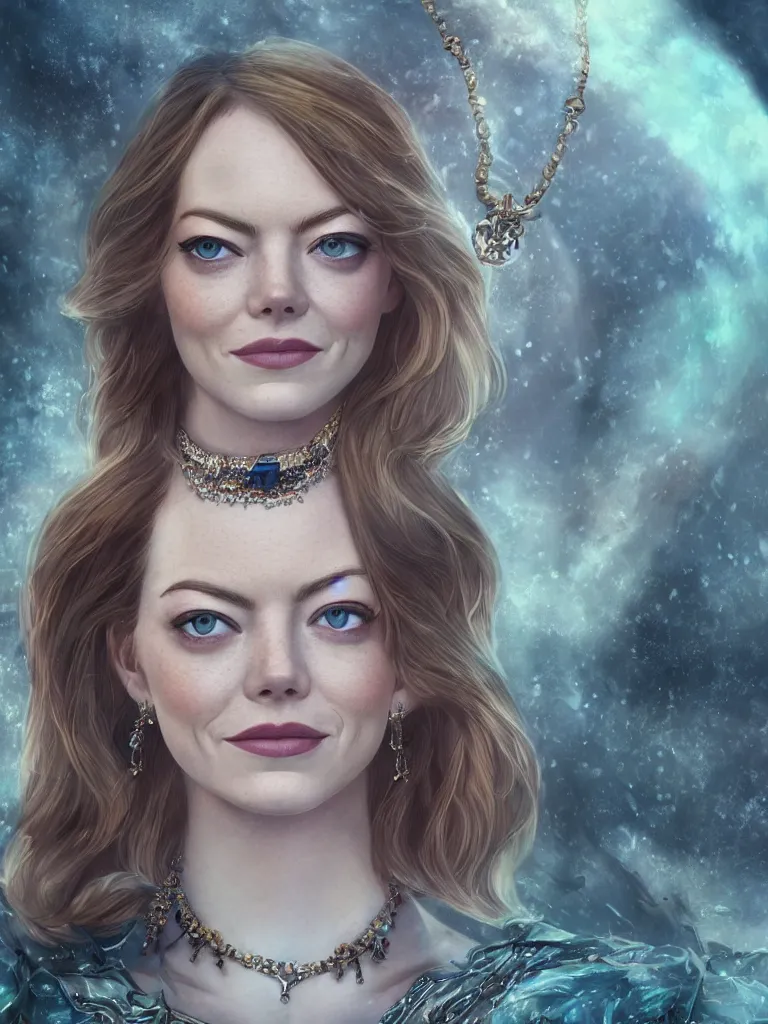 Prompt: close up portrait of emma stone as a beautiful female goddess with glowing necklace, stone courtyard background fantasy atmosphere, decolletage, confident pose, coherent, insane detail, concept art, character concept, cinematic lighting, global illumination radiating a glowing aura