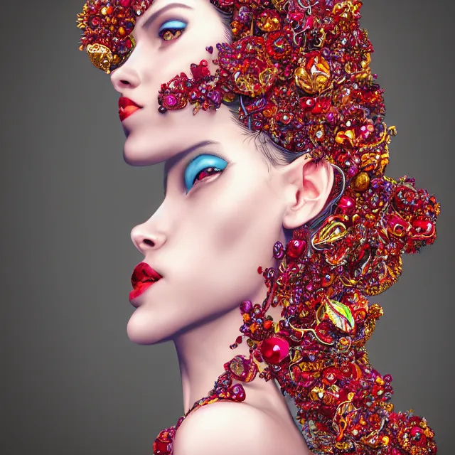 Image similar to studio portrait of absurdly beautiful, elegant, young hypercolorful woman made of rubies and red gems, ultrafine hyperrealistic detailed face illustration by kim jung gi, irakli nadar, intricate linework, sharp focus, bright colors, matte, octopath traveler, final fantasy, unreal engine highly rendered, global illumination, radiant light, intricate environment