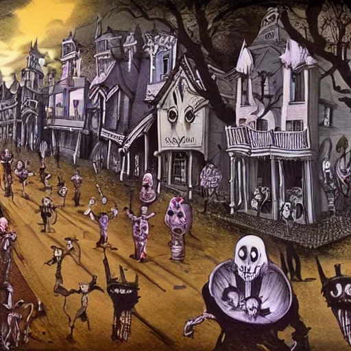 Image similar to ghosts and ghouls parade on main street by dali and tim burton