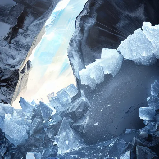 Prompt: obsidian scraps trailing behind a huge chunk of ice which is flying through the air, behance hd artstation, 4 k cinematic