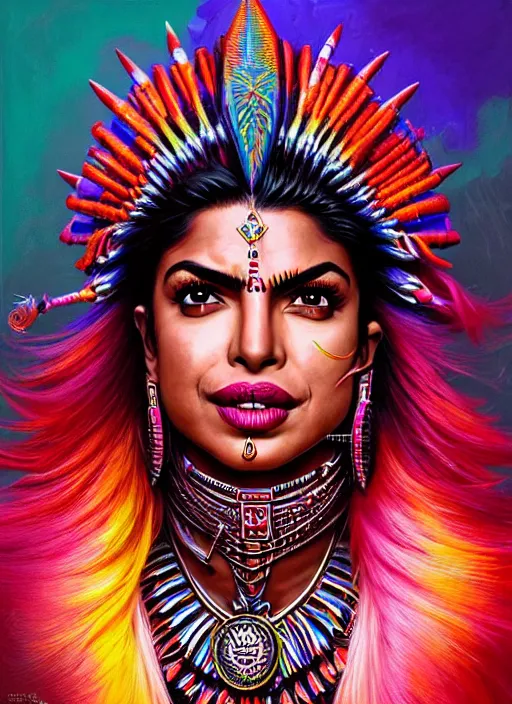 Image similar to portrait of priyanka chopra, hyper detailed ultra sharp aztec shaman warrior. trending on artstation, warpaint aesthetic, bloodwave, colorful, psychedelic, ornate, intricate, digital painting, concept art, smooth, sharp focus, illustration, art by artgerm and greg rutkowski and h. r. giger, 8 k