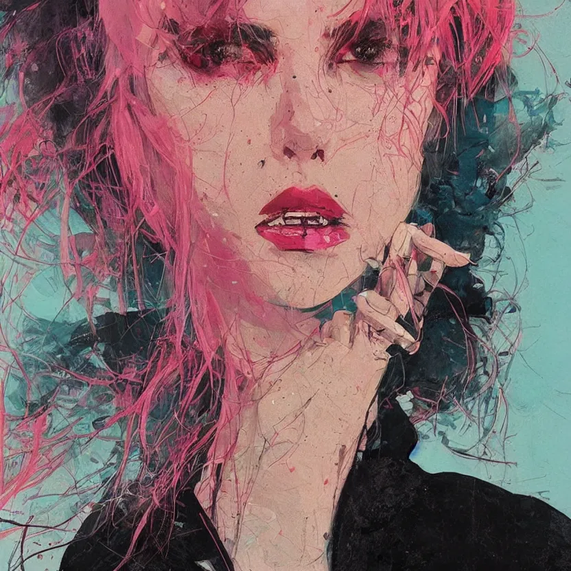 Image similar to close up portrait painting of a female dressed in nineties street styling, concept art, intricate details, highly detailed, aesthetically pleasing pastel colors, art by conrad roset