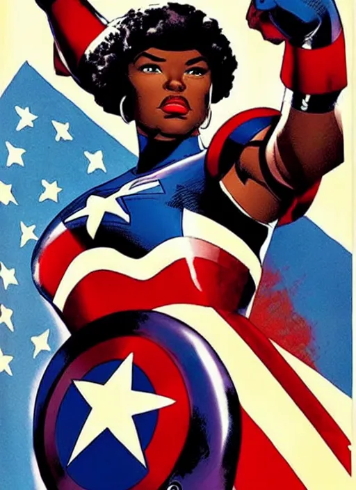 Image similar to beautiful black female captain america. afro - feminist captain america wins wwii. american wwii propaganda poster by james gurney, rob liefeld and pixar. gorgeous face. overwatch, realistic. black power