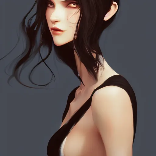 Image similar to , a beautiful woman with dark brown hair wearing a black dress, fantasy, by lois van baarle, Ilya Kuvshinov, Stanley Artgerm Lau, WLOP, Rossdraws, trending on artstation,