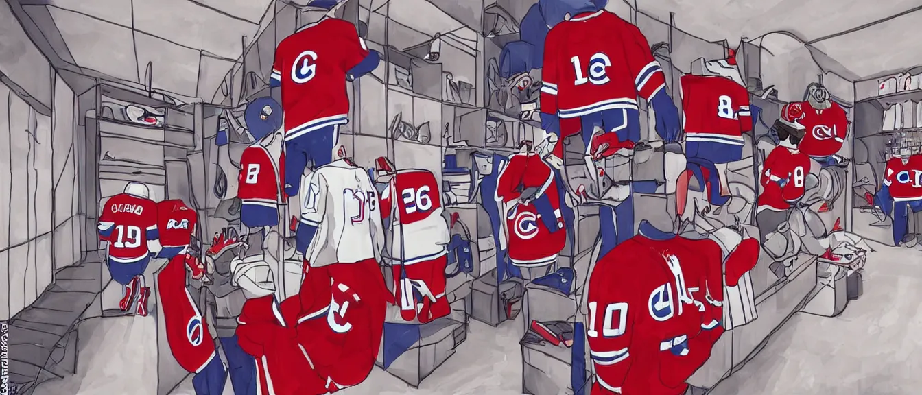 Image similar to montreal canadiens habs centre bell hockey dressing room, style of studio ghibli + moebius + basquiat, cute, detailed,