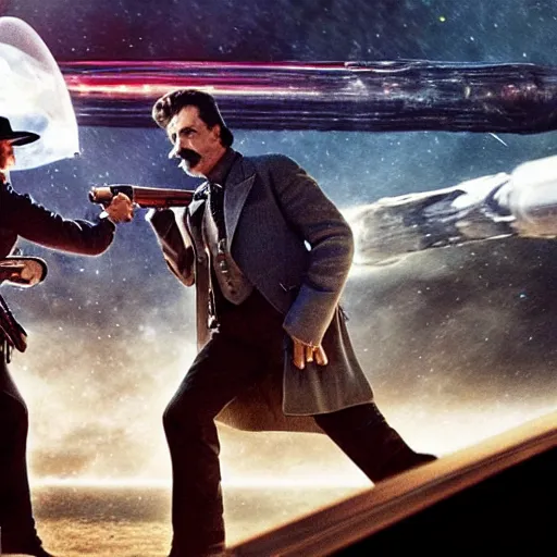 Image similar to wyatt earp and doc holliday having a duel on the deck of a spaceship from the movie interstellar, high detail
