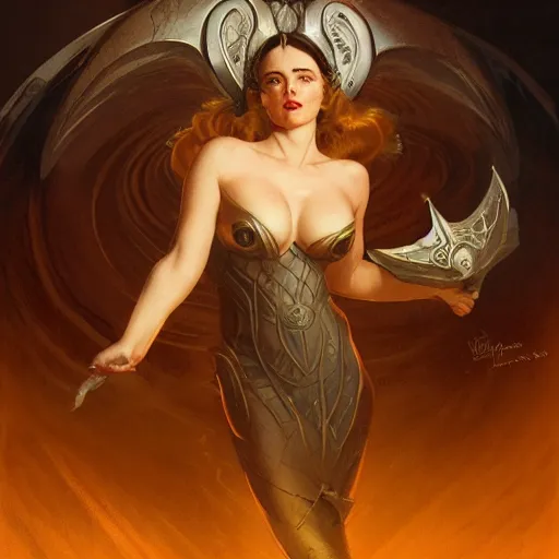 Image similar to dark oracle with ram horns, NGE dark fantasy, medium shot, intricate, highly detailed, digital painting, volumetric light, artstation, concept art, smooth, sharp focus, illustration, art by Gil Elvgren and Greg Rutkowski and Alphonse Mucha, 8K