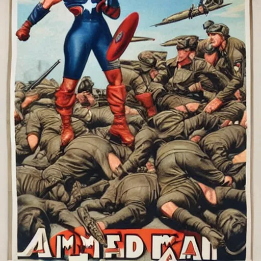 Image similar to female captain america standing on a pile of defeated german soldiers. wwii american propaganda poster by james gurney