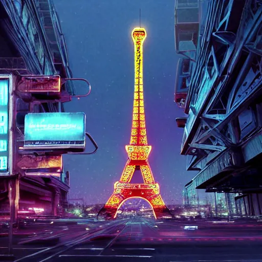 Image similar to A beautiful intricate 8K award-winning ground-level cinematic movie photograph of the future fallen and decaying Eiffel Tower, surrounded by neon and collapsing corporate video billboard displays. in the year 2050, by Bruno Delbonnel and greg rutkowski. octane render, Arri Alexa 65. Cinematic lighting