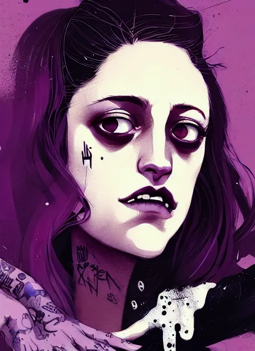 Prompt: highly detailed closeup portrait of beautiful carly chaikin as darlene alderson, moody punk style, by atey ghailan, by greg rutkowski, by greg tocchini, by james gilleard, by joe fenton, by kaethe butcher, gradient purple, black and white color scheme, grunge aesthetic!!! ( ( graffiti tag wall background ) )