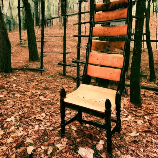 Prompt: a chair on top of the stairs in the forest