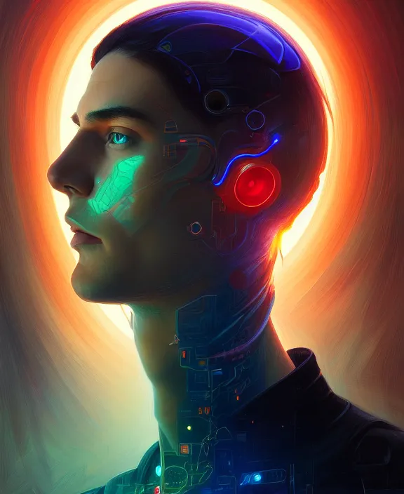 Image similar to a whirlwind inside the metaverse, guy, male, man, hologram, half body, neurochip, android, cyborg, cyberpunk face, by loish, d & d, fantasy, intricate, elegant, highly detailed, colorful, digital painting, artstation, concept art, art by artgerm and greg rutkowski and alphonse mucha