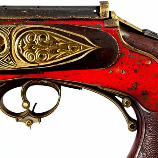 Prompt: an antique double - barreled shotgun made from glossy red - painted wood and elements of gold metalwork