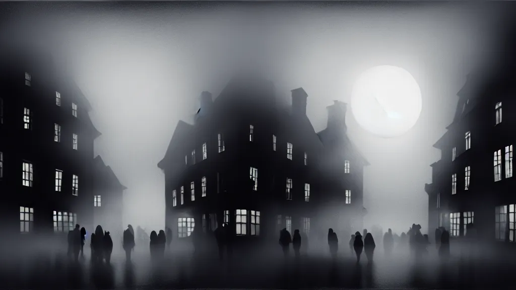 Prompt: a black sphere with glowing edges over old town with houses in the windows of which the light is on and a crowd of people on street. early morning, fog on ground, wet street. mike barr painting. volumetric light, dull colors, dark, noir arthouse, 3 5 mm, hight detalied, hd, 4 k