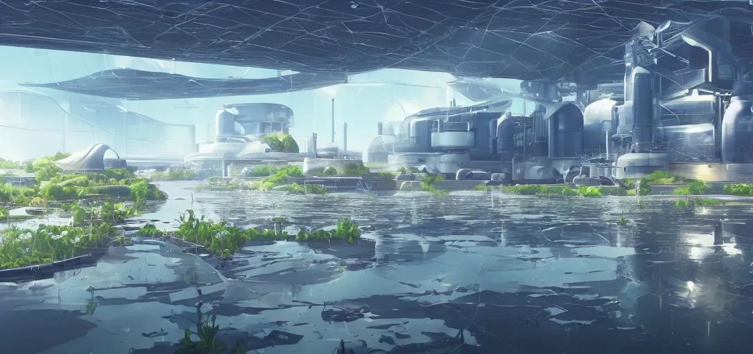 Image similar to a futuristic laboratory built into a farm, flooded fields of water as far as the eye can see, overwatch style, anime inspired, 2d art concept, beautiful render, peaceful, early morning