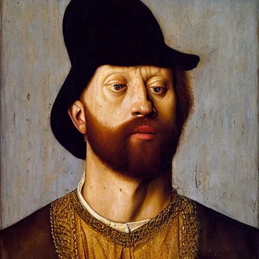 Image similar to portrait of kevin james, oil painting by jan van eyck, northern renaissance art, oil on canvas, wet - on - wet technique, realistic, expressive emotions, intricate textures, illusionistic detail